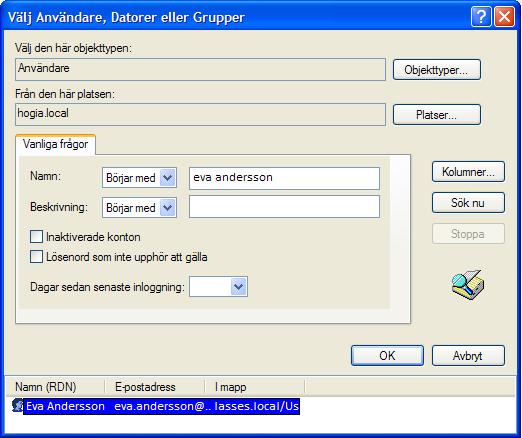 Ange namn (eller grupp) och klicka på Sök nu Markera personen