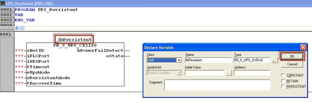 Välj funktionsblock FB_S_UPS_CX51x0, klicka OK.