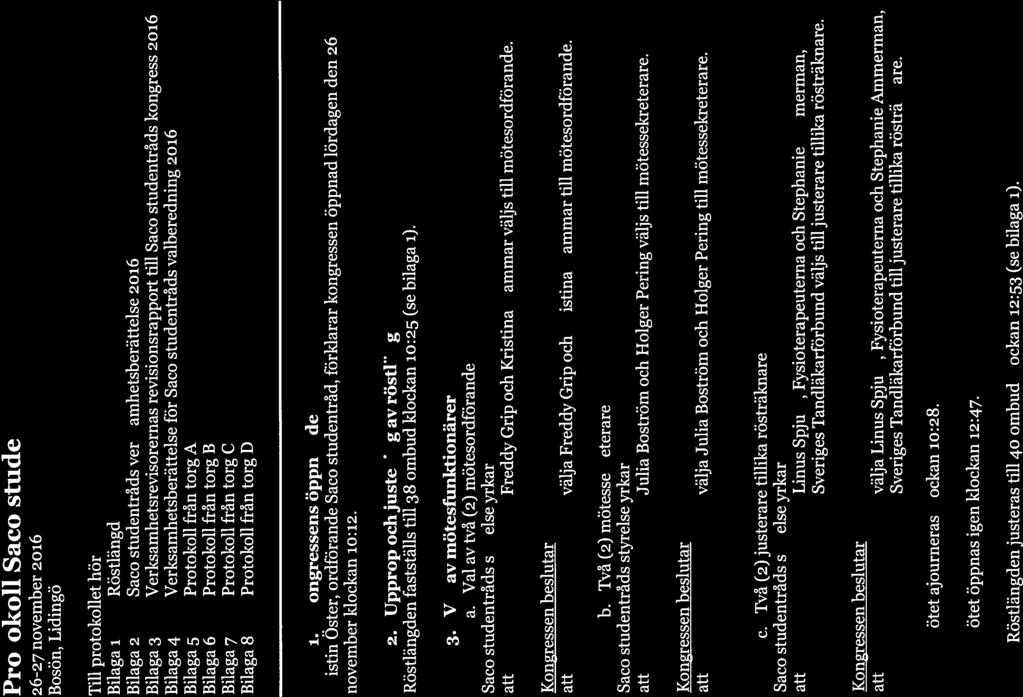 Protokoll Saco studentråds kongress 216 26-27 november 216 Bosön, Lidingö Till protokollet hör Bilaga 1 Röstlängd Bilaga 2 Saco studentråds verksamhetsberättelse 216 Bilaga 3 Verksamhetsrevisorernas