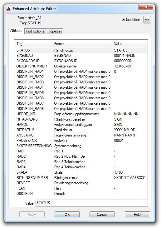 Övriga attribut ska fyllas i av respektive projektör. 7.6 Revideringsblock revinfo_01.dwg Blocket innehåller texter som läses ut då filerna laddas upp till DROPS med CAD Upload.