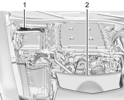 LT4-motor (Z06) 1. Expansionskärl för kylvätska med trycklock 2. Motorkylfläkt (skymd) { Varning En elektrisk motorkylfläkt under motorhuven kan starta även om motorn inte är igång och orsaka skador.