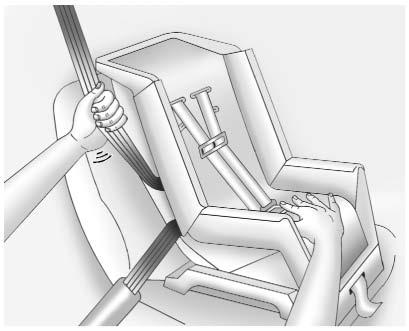 Vid montering av en framåtvänd bilbarnstol är det en fördel att trycka bilbarnstolen nedåt med knät när bältet dras åt.