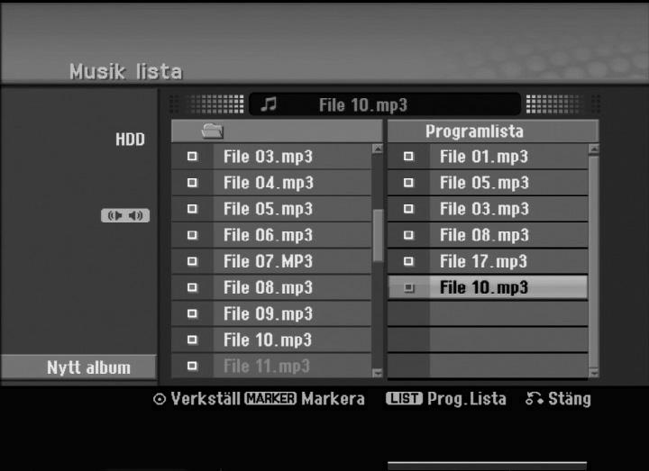 Programmerad uppspelning med ljud-cd och MP3/WMA-fil Med Program Playback (programuppspelning) kan du skapa egna spelningslistor av ljud-cd- eller MP3/WMA-spår.