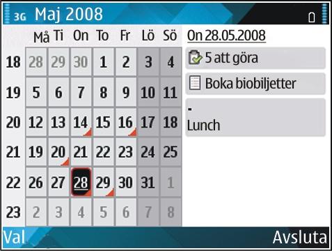 Visa kalenderinformation I månadsvyn markeras kalenderposter med en triangel. Årsdagsposter markeras även med ett utropstecken. Posterna för den valda dagen visas i en lista.