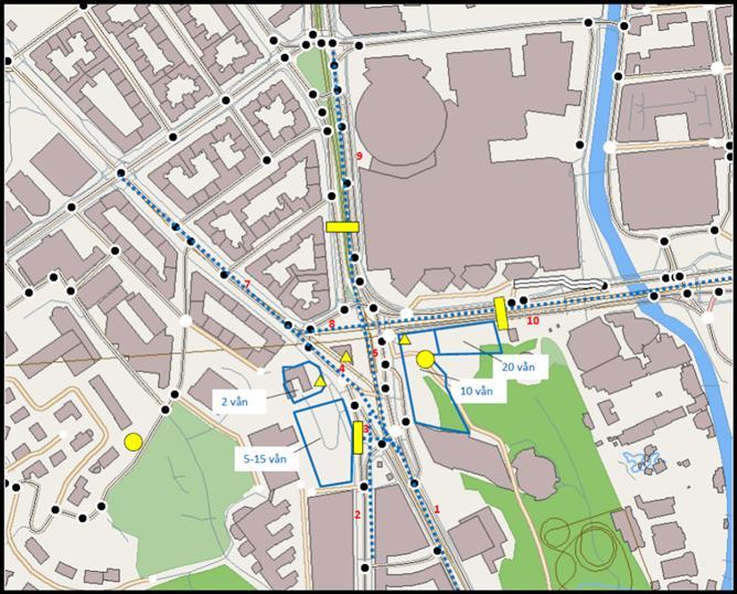 (Simair-väg); d) Med Västlänken (Simair-väg). Svart-vit cirkel i a) och b) indikerar receptorpunkten.