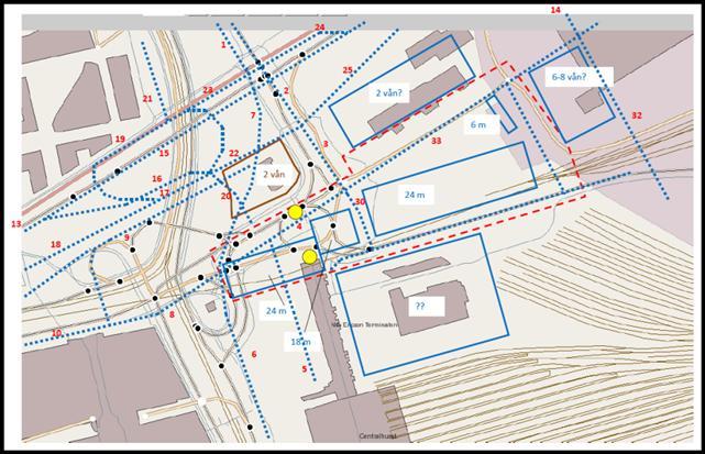 b) NO2- halter på Centralstation 2030 utan och med Västlänken i) Årsmedelvärdet av NO2-halter på Centralstation år 2030 Årsmedelvärdet av NO2-halter kring vägnummer 1, 4,