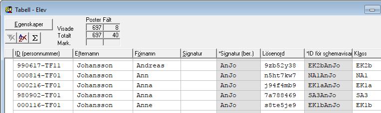 inledande tecknen ur båda namnen. Det går att välja om tecknen från förnamnet eller efternamnet ska komma först. I Tabell Elev finns fyra fält, Signatur(ber.