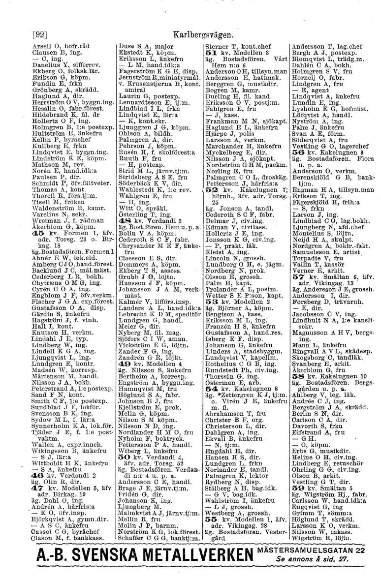 [92J ArselI O, hofr.räd Clausen E, ing. - C, ing. Danelins Y, sifferrov. Ekberg O, folksk.lär. Erikson G, köpm. Fundin E, frkn Grönberg A, skrädd. Haglund A, dir. Herrström O V, byggn.ing. Hesslin O, fabr.