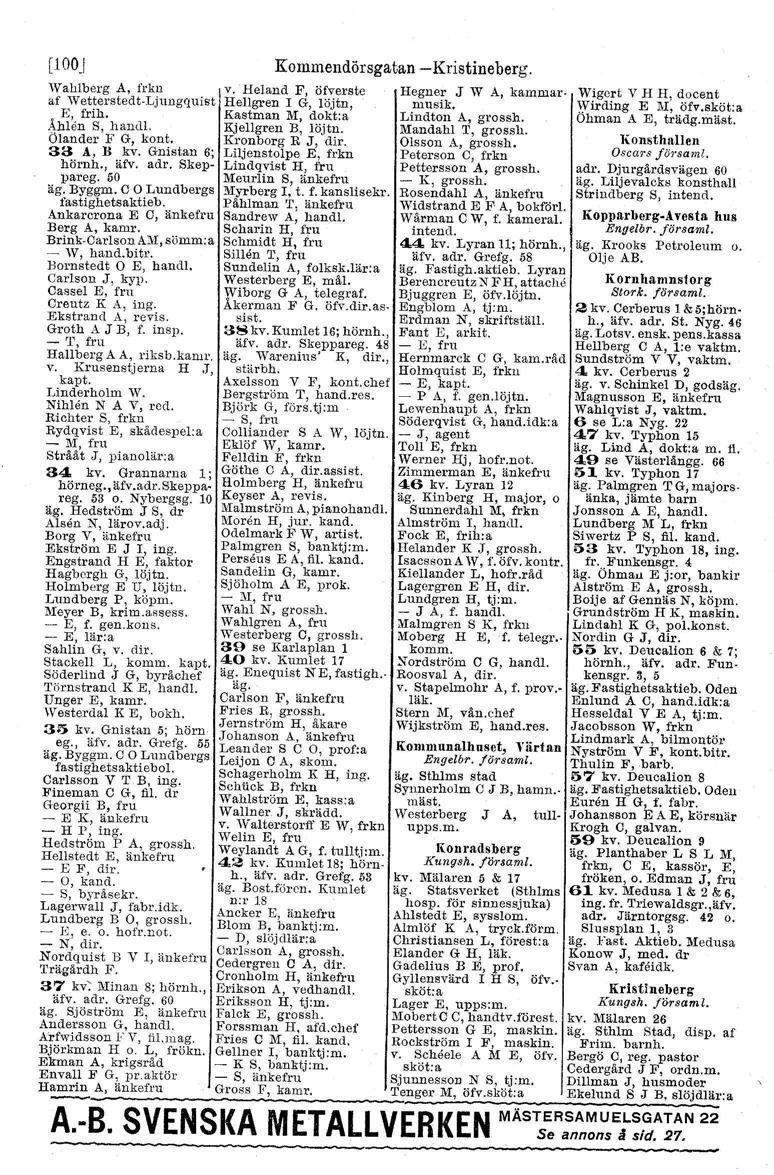 [100.1 Kommendörsgatan -Kristineberg. Wahlberg A, frkn v. Heland F J öfverste Hegner J W A, kammarmusik. Wirding E Al, öfv.sköt.