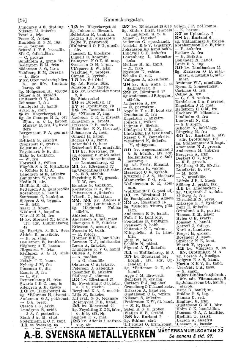 Lundgren J E, dipt.ing 12 lev. Hägerberget 56 27 kv. Rörstrand 18""19 Schöu.J F, pol.konun. xussou :H, änkefru lig. Johannes röraamt. äg. Sthhus Distr. tempels - K, barnm.