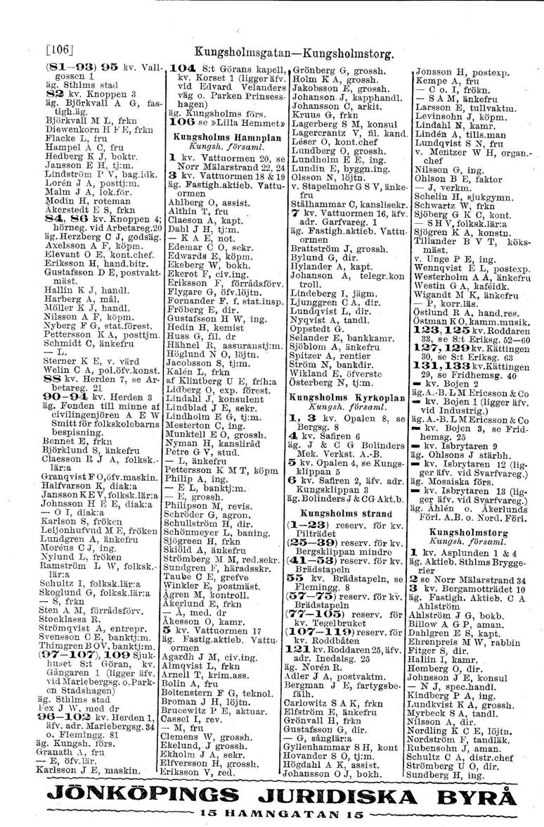 [106J Kungsholmsga tan- Kungsholmstorg. (81~93) 95 kv. vsu. 104. S:t Görans kapell, Grön berg GJ grossh, gossen 1 Jousson H, postexp. kv, Korset 1 (ligger äfv. Holm K A, grossh. äf(.