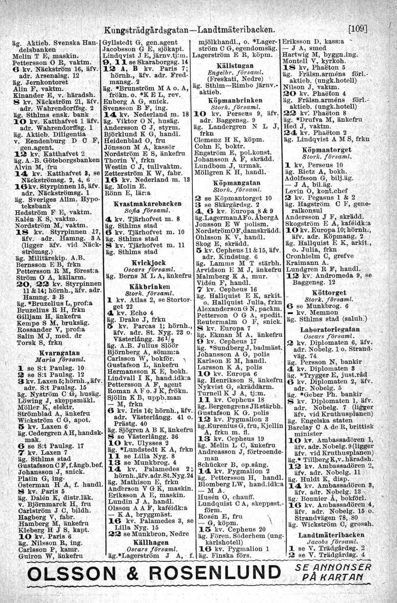 .{ Kungstrli.dgårdsgatan-Landtmäteribacken, äg. Akti~b: Svenska Han- Gyllstedt G, gen.agent mjölkhand!., o. Lagerdelsbanken Jacobsson G E, sjökapt. ström C G, egendomsäg. Melin T E"maskin,.