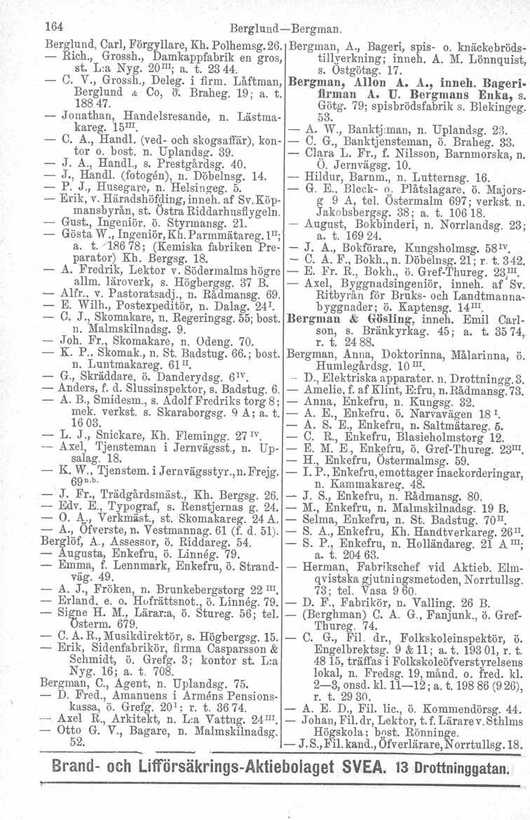 164 Berglund-Bergman. Berglund, Carl, Förgyllare, Kh. Polhemsg. 26. Bergman, A., Bageri, spis- o. knäckebröds- - Rich., Grossh., Damkappfabrik en gros, tillyerkning, inneh, A. M. Lönnquist, st.