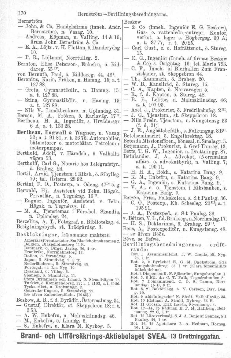 170 Bernström -Bevillningsberedningarna. Bernström Beskow John, & Co, Handelsfirma (inneh. Andr. & Co (inneh. Ingeniör E. G. Beskow), Bernström), n. Vasag. 10. Gas- o. vattenledn.-entrepr.