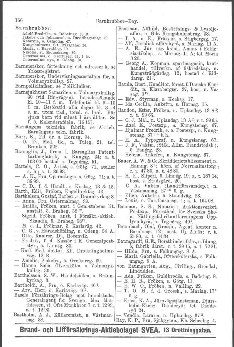 156 Harnkrubbor-Bay. Barnkrubbor: Bastman, Alfhild, Bosättnings- & Lysolje- AdolfFredriks. n. Döbelnsg. 38 B. affär, n. Gila Kungsholmsbrog. 38. Jakobs och Johannes'. n. Davidbagaresg.20. - L A. o. E.