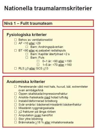 Nationellt utvecklingsarbete Nationella Traumalarmskriterier Teamledarutbildning Riktlinjer