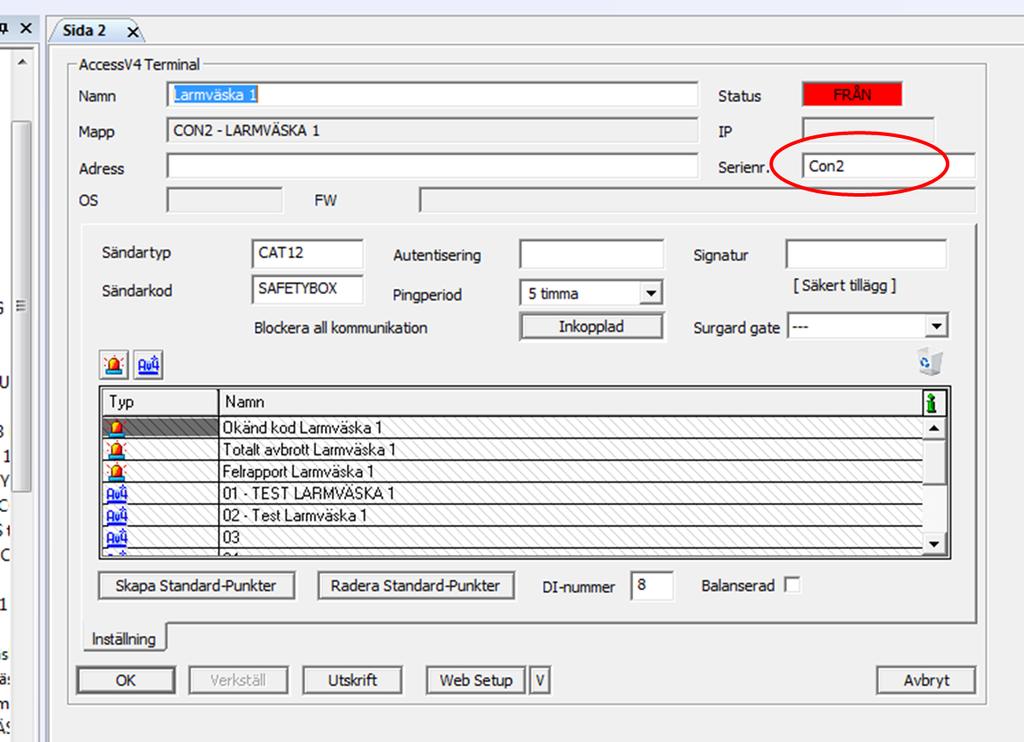 Per-Martin Hedström Version: 1.1 Datum: 2017-01-11 5 (26) 2.1.2 Lägg in serienummer till larmobjekt Varje Access V4 larmsändare ska ha ett serienummer angivet.