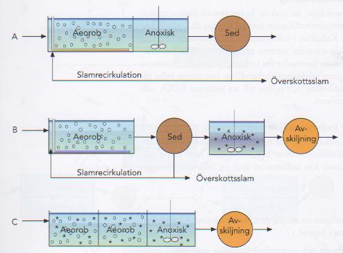 Efterdenitrifikation Ett en-slamsystem med en första zon för oxidering av organiskt material och av ammonium till nitrat följt av en anoxisk zon för denitrifikation visas i bilden under.