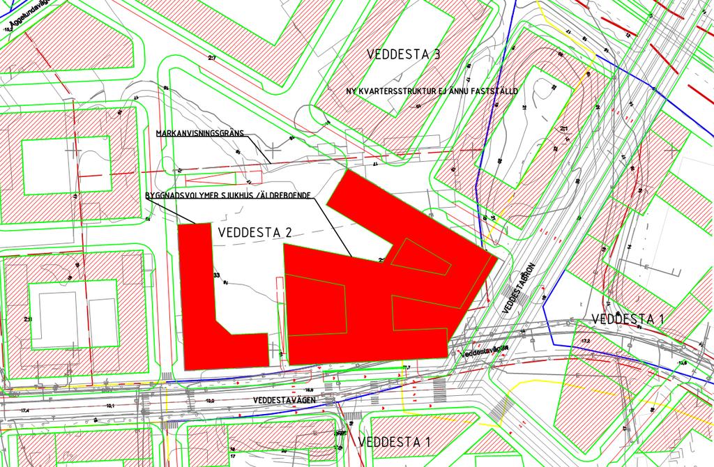 Figur 6 Situationsplan över planområdet med sjukhus och äldreboende (utritat i solid röd
