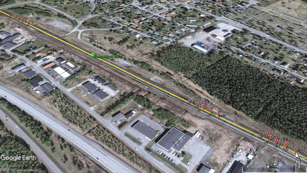 För att tydligare visa var förhöjda mätvärden fås kan det illustreras med hjälp en karttjänst som till exempel Google Earth i gur 4.