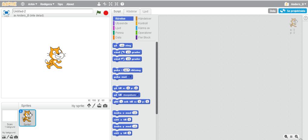 Del 1 Vad är Scratch? Scratch är ett visuellt programmeringsspråk som går att köra både på direkt på nätet och som ett nedladdat program till både PC, Mac och Linux.