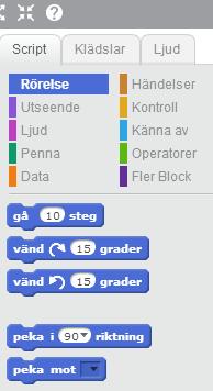 Scenen: Det är här vi kommer att se resultatet av vårt programmerande. Du kan tänka dig att katten (Scratch) står på scenen och väntar på att du skall tala om vad den skall göra.
