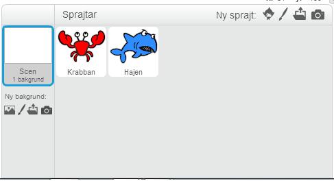 Nu ska din spritelista se ut så här: Som du ser har krabban och hajen dykt upp på scenen. Men de ser för stora ut.