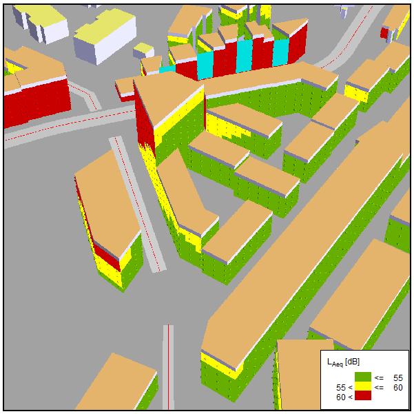 Figur 3 Kv. 04, vy från sydväst. Beräknad ekvivalent ljudnivå vid fasad, scenario 1. Kv. 09 I Figur 4 redovisas beräknad ekvivalentnivå vid kv. 09 och 10 i 3D-vy.