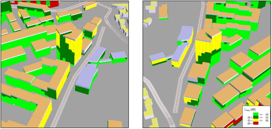 Vy från söder Vy från norr Figur 9 Kv. 21 södra. Beräknad ekvivalent ljudnivå, scenario 2. Kv. 32 påverkas inte nämnvärt av detaljplan 2 och behöver även vid full utbyggnad anpassas efter bullersituationen.