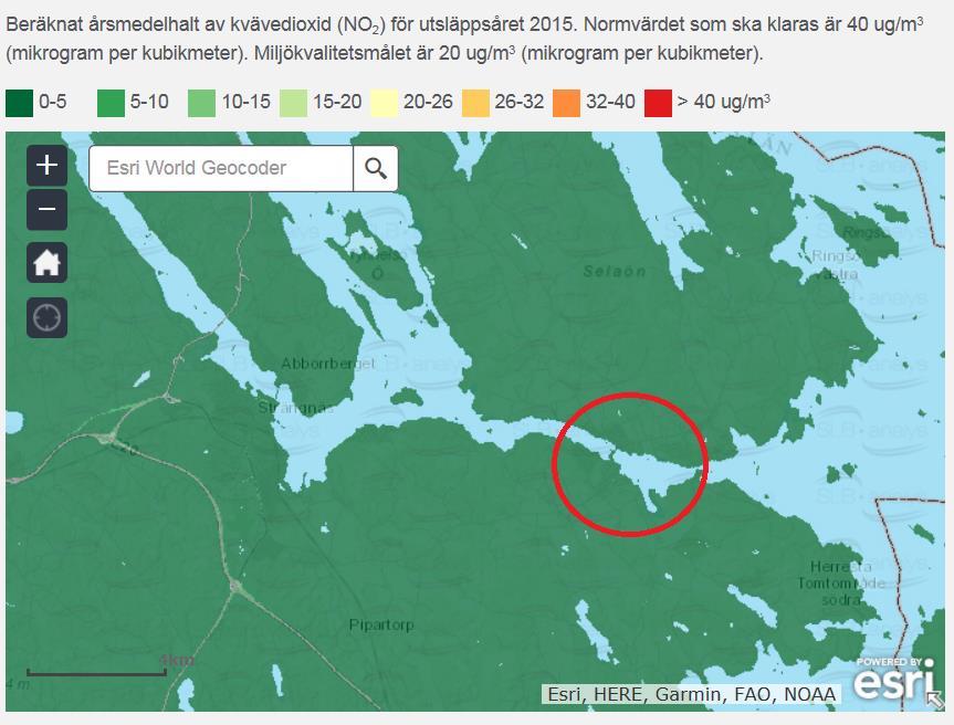 Årsmedelhalt av PM10 för 2015 för planområdet som är inringat. Figur 8.