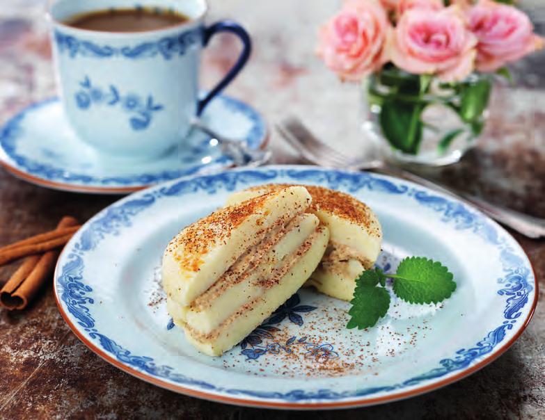 Pannkaksplätt med smak av kanelbulle 10 port 15 st pannkaksplätt, timbal, Findus 91590 150 g smör 1 dl florsocker 1,5 msk kanel Blanda smör, florsocker och