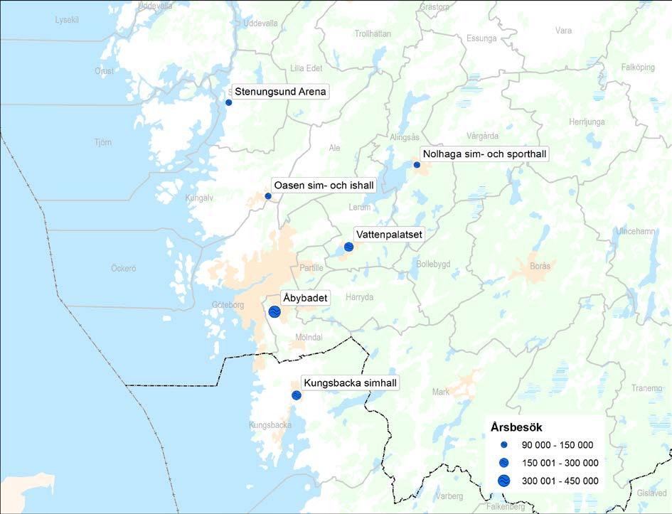 Figur 6. Större sim- och badanläggningar i Göteborgs kranskommuner. Besöksstatistiken avser 2014. Källa: Kontakt med respektive kommun.