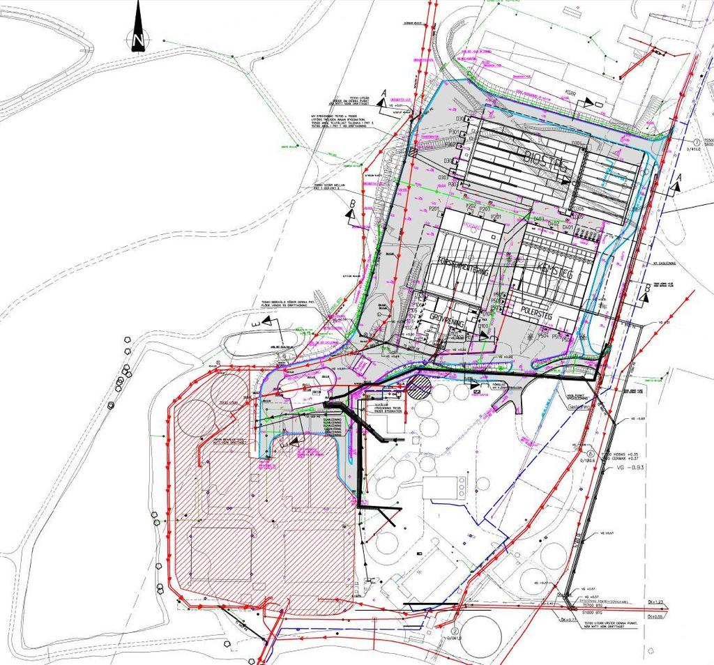 5(7) Figur 3. Konceptlayout för Kalmarsundsverket, heldragen linje för öppet dike, streckad linje för ledning.