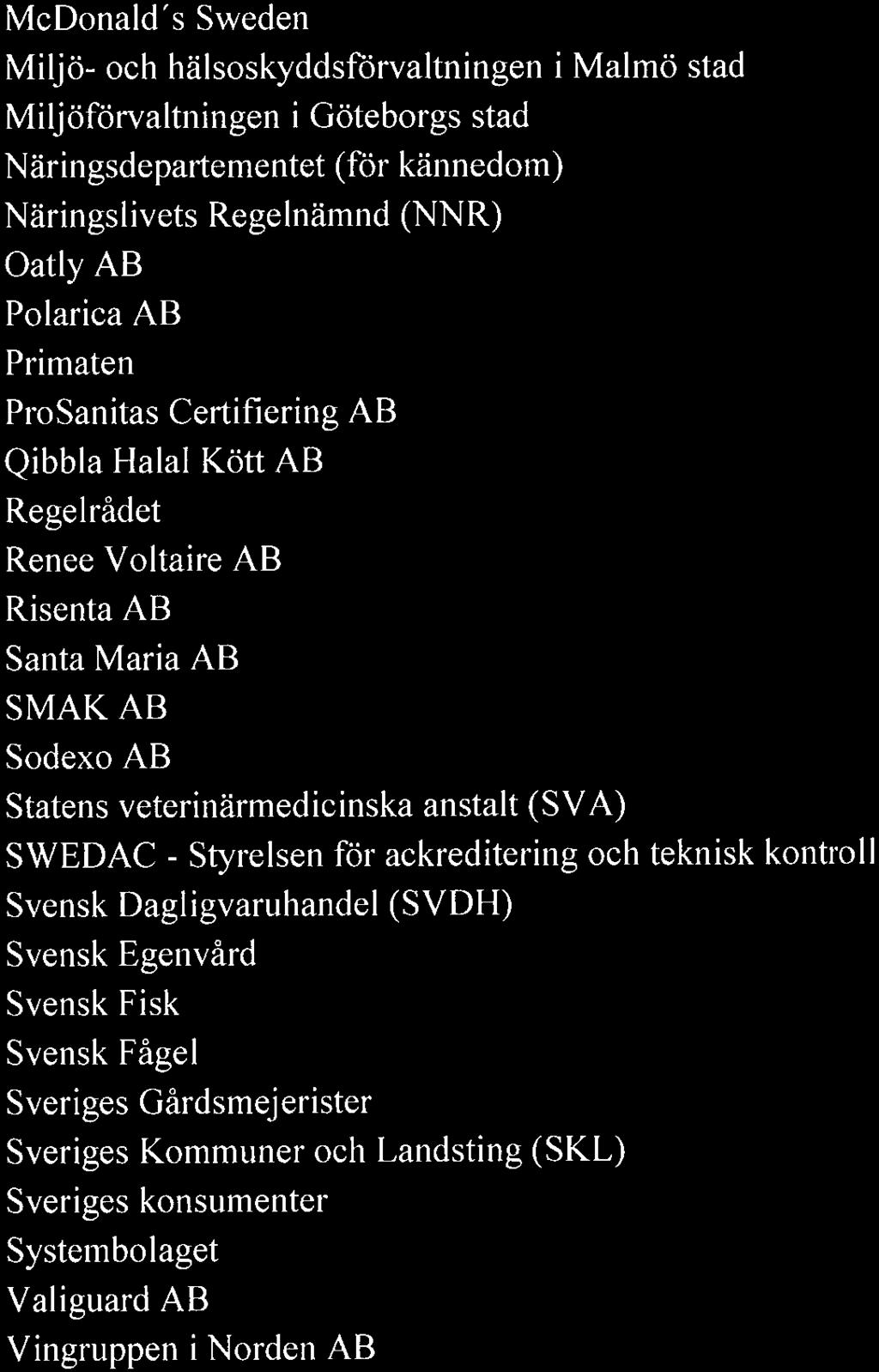 LIVSMEDELSVERKET REMISS 2016-01-20 Dnr Saknr 3 (3) McDonald's Sweden Miljö och hälsoskyddsförvaltningen i Malmö stad Miljöförvaltningen i Göteborgs stad Näringsdepartementet (för kännedom)