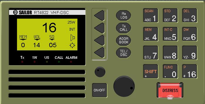 I sjöområde A1 skall fartygen ha förmåga att sända nöd-, il- och varningsanrops/- meddelande till kuststation. Bild 5.2: Sailor RT 4822 VHF-DSC 5.