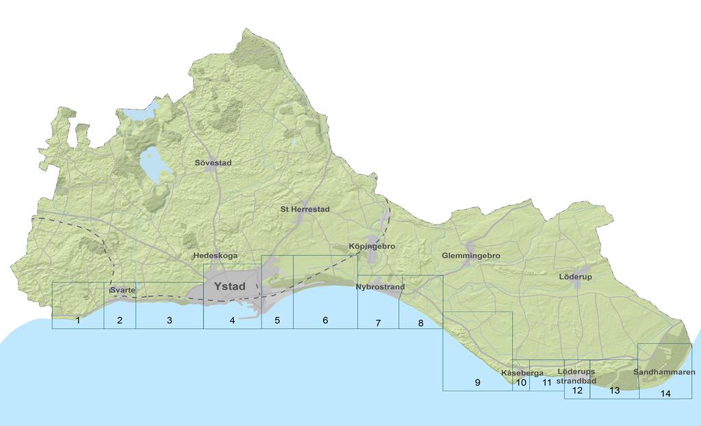 4. Del 2: Handlingsplan för delområden Ystads kommuns kuststräcka har delats in i 14 delområden (figur 5).