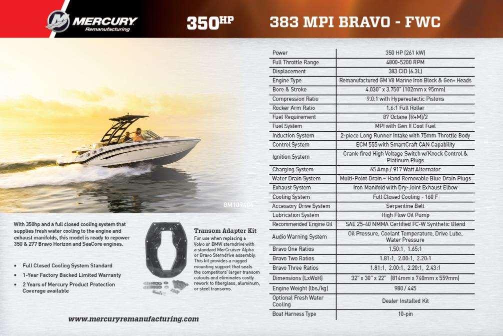 *Ny Modell 383 Mag Bravo Stroker FWC, 350 hk, ersätter bravomotorer 350MAG,377MAG SeaCore & 7,4L/MPI Art.nr 8M0109404 383 MPI FWC Bravo Bravo Engine Only. 350 HP @ 5200 RPM.