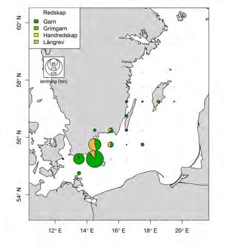 Aqua reports 2018:3 Figur 2.7.7 Geografisk fördelning av landningar i kvantitet per redskap i fisket efter torsk med passiva redskap i Östersjön 2015.
