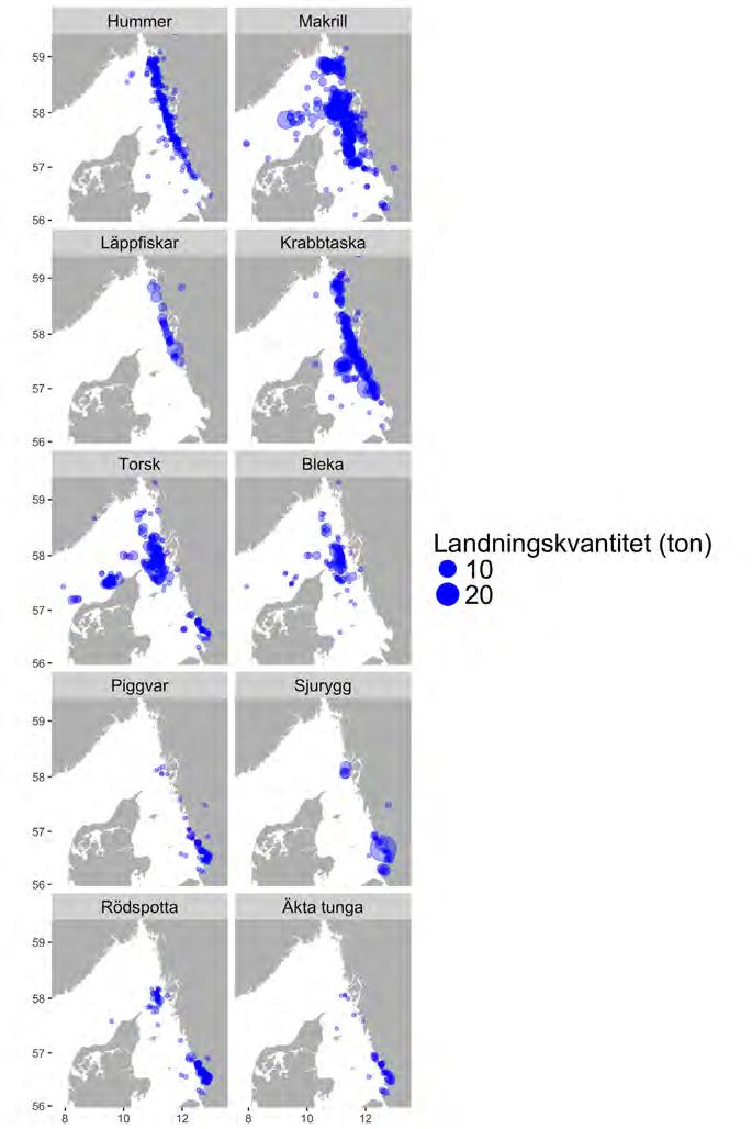 Figur 2.11.10. Utbredning av fiskeplatser (rapporterade landningar) för de tio ekonomiskt mest betydelsefulla arterna i fisket med passiva redskap på västkusten 2015.