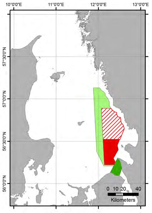 Aqua reports 2018:3 Figur 2.3.2. Skyddade områden i Kattegatt. Rött område: permanent fiskeförbud, rött streckat område: endast selektiva redskap som inte fångar torsk tillåtna.