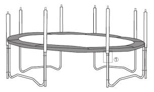 En festebøyle og et mellomlegg monteres ved nedre del av beinet og ved øvre del, rett under ringen på trampolinen.