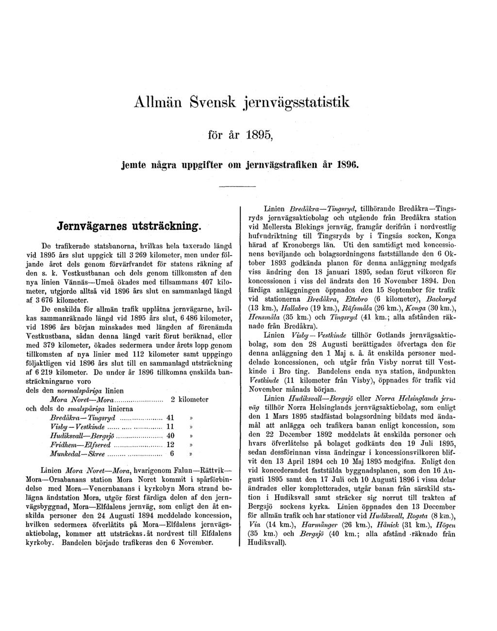 Allmän Svensk jernvägsstatistik för år 1895, jemte några uppgifter om jernvägstrafiken år 1896. Jernvägarnes utsträckning.