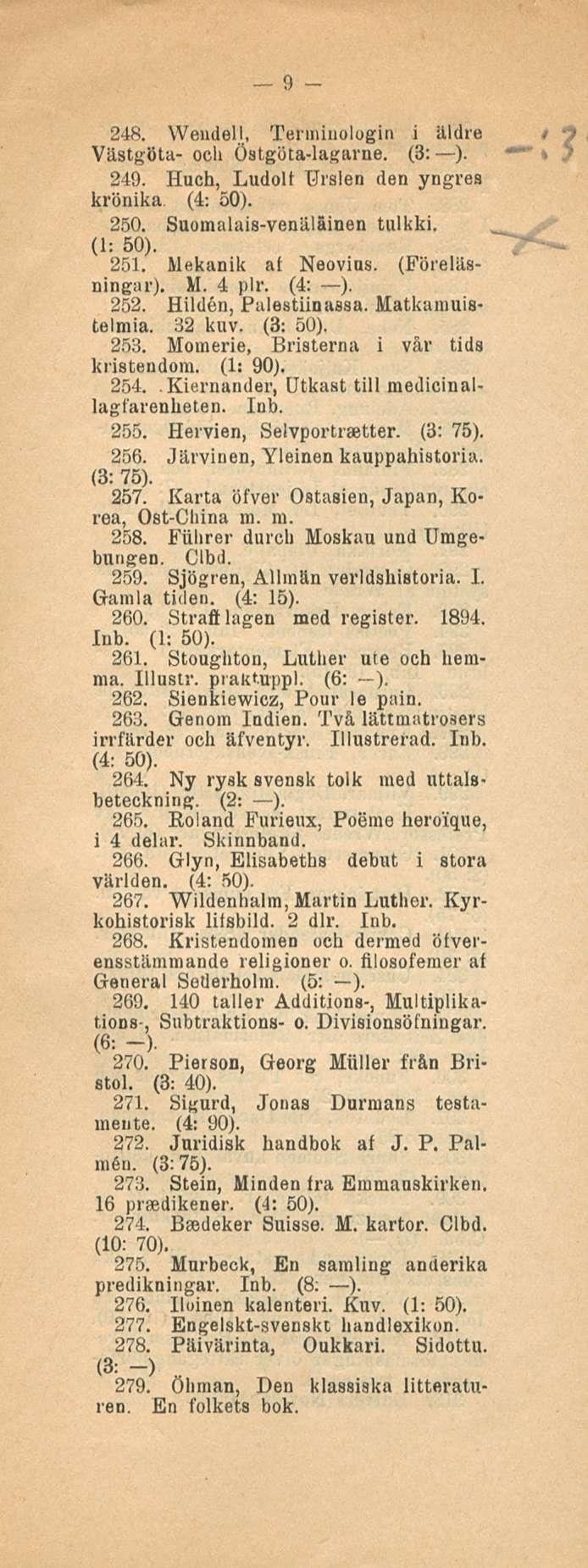 9 248. Weudell, Terminologin i äldre Västgöta- odi Östgöta-lagarne. (3; ). 249. Huch, Ludolt Ursien den yngres krönika (4; 50). 250. Suomalais-venäläinen talkki. 251. Mekanik ai Neovius.