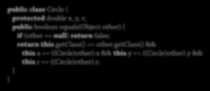 Implementera equals(): Ärvning När vi behöver låta superklassen testa sin likhet: public class Circle { protected double x, y, r; public boolean equals(object other) {