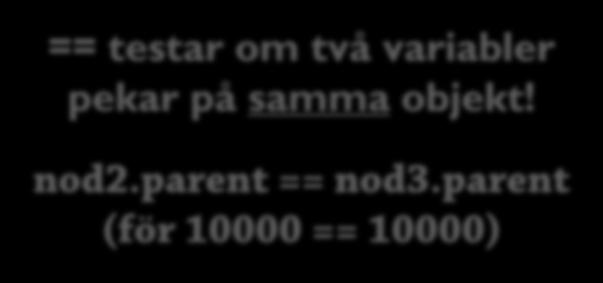 två variabler pekar på samma objekt! nod2.parent == nod3.