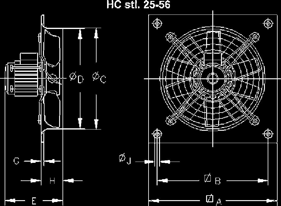 Väggfläktar HC Mått Modell A B ØC ØD E G H ØJ HC-25 330 275 262 260 185 11 56 10,5 HC-31 400 336 310,5 308 204 11 75 10,5 HC-35-2/ -4 465 390 362,5 360 245/215 11 86 10,5 HC-40-4 H/ L 532 452 412,5