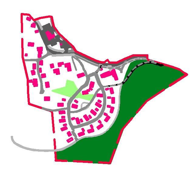 Markanvändning i nuläget (tak i magenta, åkermark i grönt, grönyta i ljusgrönt, hårdgjord yta i grått (huvudväg/mindre vägar/gång- och cykelstråk), blandad