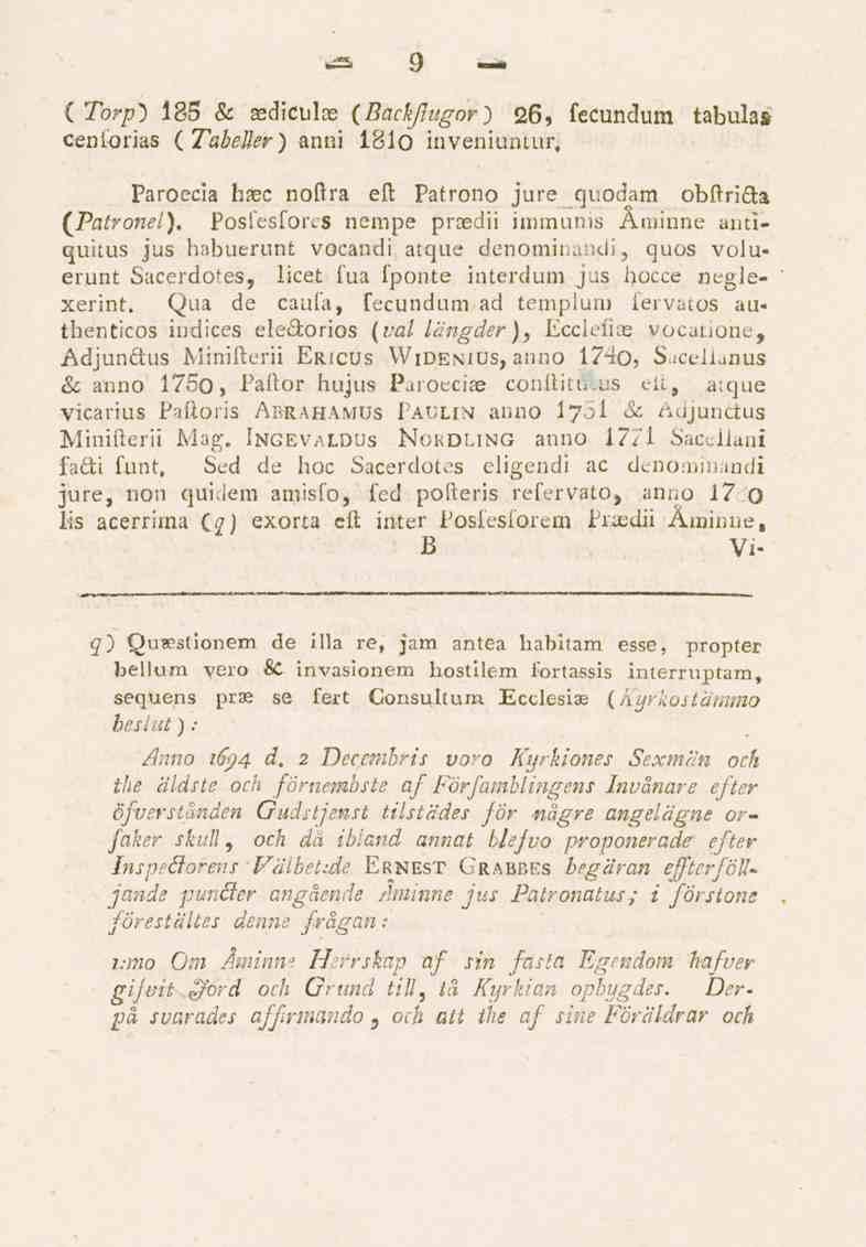 9 ( Torp') 135 & sediculse (Backfugor) 26, fecundum tabulas cenforias (Tabeller) anni 1810 inveniuntur. Paroecia haec noflra eft. Patrono jure quodam obflrict:a 'Patronel).
