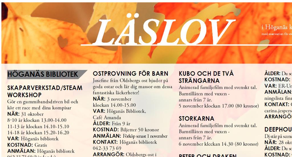 LOVPROGRAM Kommunen sammanställer lovprogram för kommunens egna verksamheter samt från föreningar och företag och gör affischer samt program som delas ut till skolorna i kommunen.