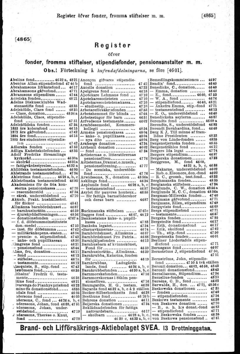 Register öfver fonder, fromma stiftelser m. m. [4865] (4865] Register öfver fonder, fromma stiftelser, stipendiefonder, pensionsanstalter m. m. Obs.